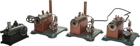 FOUR LIVE STEAM MODEL POWER PLANT TOYS Average h: FOUR LIVE STEAM MODEL POWER PLANT TOYS Average height: 9-1/4 inches (23.5 cm) Four tin t