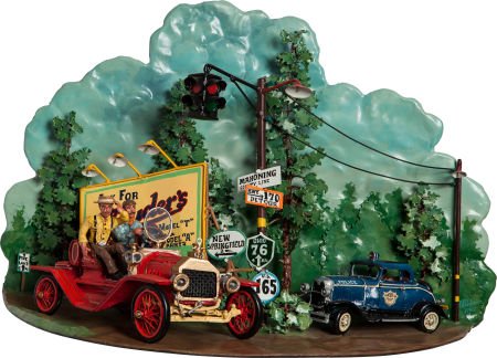 PAIR OF BRUCE HEBRON FOLK ART 'CLASSIC CAR' WALL: PAIR OF BRUCE HEBRON FOLK ART 'CLASSIC CAR' WALL SCONCES14 inches (35.6 cm)Unique pair