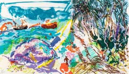 MALCOLM MORLEY (British, b. 1931) Our Tramp Stea: MALCOLM MORLEY (British, b. 1931) Our Tramp Steamer Hugging the Horizon off Coconut Isla