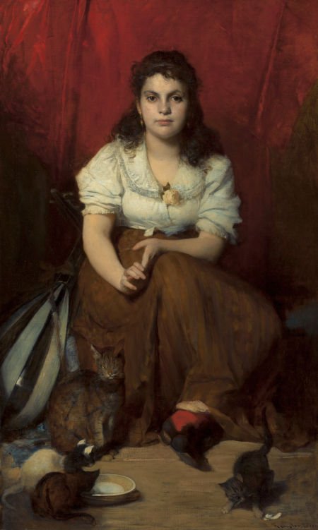 FRANZ RUMPLER (German, 1848-1922) Portrait of a : FRANZ RUMPLER (German, 1848-1922) Portrait of a Young Girl with a Mandolin and Cats<