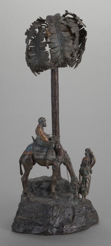 AN AUSTRIAN ORIENTALIST COLD PAINTED BRONZE FIGU: AN AUSTRIAN ORIENTALIST COLD PAINTED BRONZE FIGURAL LAMP, After Franz Xavier Bergman, fir