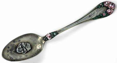 AN AMERICAN SILVER AND ENAMEL BLACK AMERICANA MA: AN AMERICAN SILVER AND ENAMEL BLACK AMERICANA MARDI GRAS SOUVENIR SPOON, R. Wallace & Son