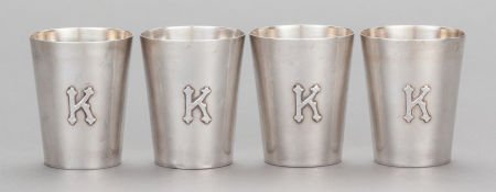 A SET OF FOUR AMERICAN SILVER SHOT GLASSES, Shre: A SET OF FOUR AMERICAN SILVER SHOT GLASSES, Shreve & Co., San Francisco, California, firs