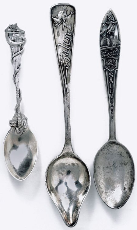 A GROUP OF THREE AMERICAN SILVER SALEM WITCH SOU: A GROUP OF THREE AMERICAN SILVER SALEM WITCH SOUVENIR SPOONS, Various makers, circa 1900<