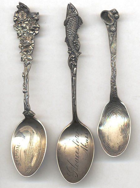 A GROUP OF THREE AMERICAN SILVER MARINE LIFE SOU: A GROUP OF THREE AMERICAN SILVER MARINE LIFE SOUVENIR SPOONS, Various makers, circa 1900 Ma