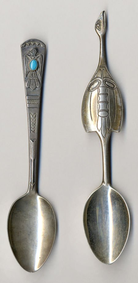 TWO SILVER AND TURQUOISE NATIVE AMERICAN SOUVENI: TWO SILVER AND TURQUOISE NATIVE AMERICAN SOUVENIR SPOONS, Maker unidentified, circa 1900<