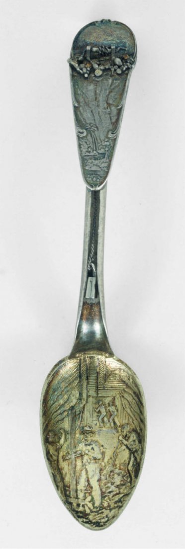 AN AMERICAN SILVER AND SILVER GILT MECHANICAL MI: AN AMERICAN SILVER AND SILVER GILT MECHANICAL MINING SOUVENIR SPOON, Maker unknown, circa