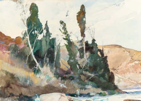 ROY MARTELL MASON (American, 1886-1972) A Bend i: ROY MARTELL MASON (American, 1886-1972)A Bend in the RiverWatercolor on pap