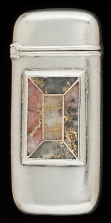 AN AMERICAN SILVER, SILVER GILT, AND GOLD QUARTZ: AN AMERICAN SILVER, SILVER GILT, AND GOLD QUARTZ MATCH SAFE, Wallace Bros. Silver Company