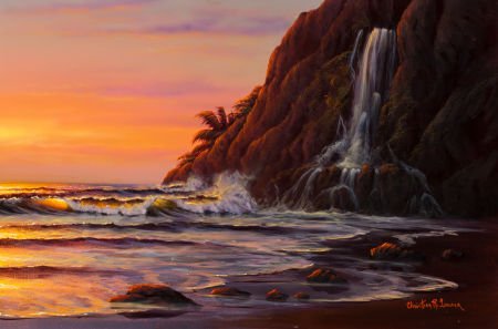 CHRISTIAN RIESE LASSEN (American, b. 1949) Sunli: CHRISTIAN RIESE LASSEN (American, b. 1949) Sunlit Waves and a Waterfall Acryl