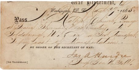 General James A. Hardie: 1865 Signed War Departm: General James A. Hardie: 1865 Signed War Department Pass. 5.5" x 2.75" printed and manusc