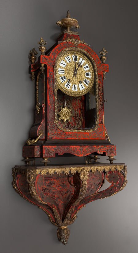 A LOUIS XIV-STYLE BOULLE CLOCK WITH GILT BRONZE : A LOUIS XIV-STYLE BOULLE CLOCK WITH GILT BRONZE MOUNTS AND BRACKET SHELF, 19th century