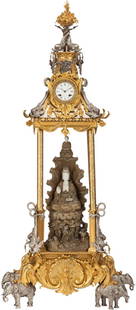 A LARGE FRENCH SILVERED, GILT BRONZE AND PORCELA: A LARGE FRENCH SILVERED, GILT BRONZE AND PORCELAIN CHINOISERIE CLOCK, Simiand, Paris, Fra