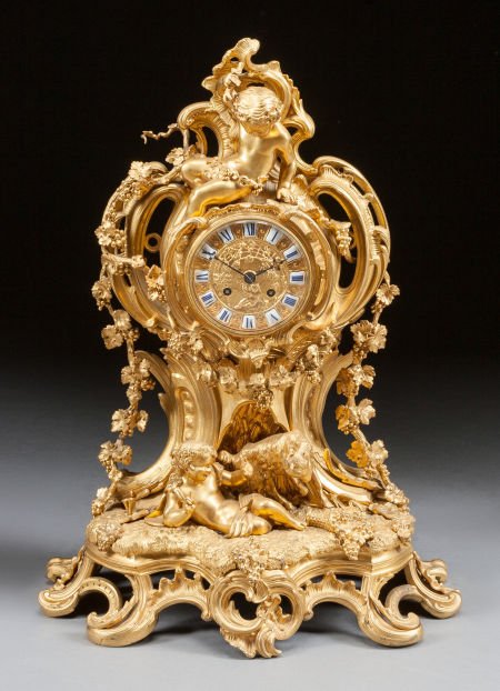 A LOUIS XV-STYLE GILT BRONZE FIGURAL MANTLE CLOC: A LOUIS XV-STYLE GILT BRONZE FIGURAL MANTLE CLOCK, 19th century Marks: Le Roy HRS Du Roi