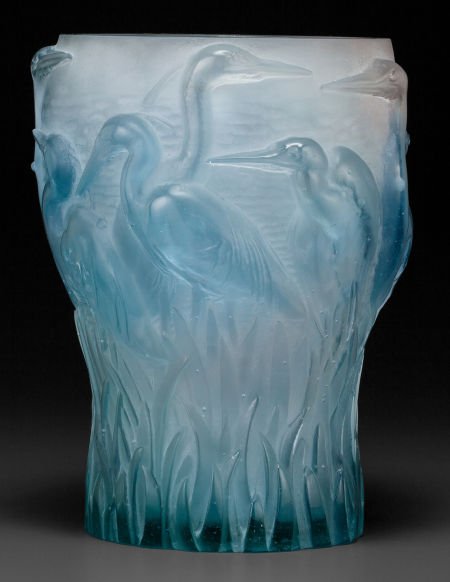 DAUM GLASS EGRETS VASE, late 20th century Engra: DAUM GLASS EGRETS VASE, late 20th century