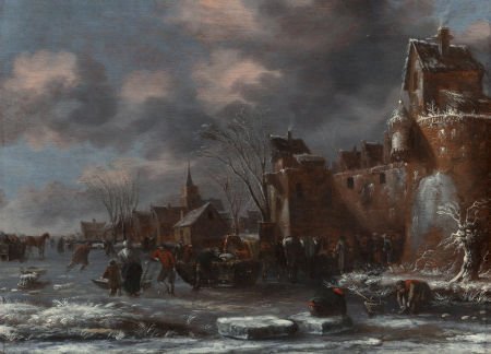 Manner of KLAES MOLENAER (Dutch, 1620-1676) Wint: Manner of KLAES MOLENAER (Dutch, 1620-1676) Winter Scene with Skating Figures
