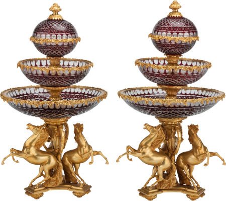 A PAIR OF LOUIS XV-STYLE GILT BRONZE AND CUT-GLA: A PAIR OF LOUIS XV-STYLE GILT BRONZE AND CUT-GLASS EPERGNES, 20th century31-1/2 x 16-