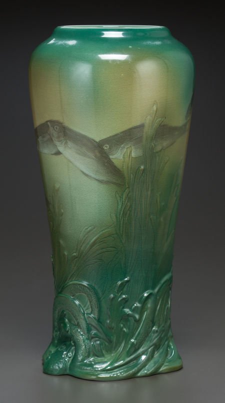 AN AMERICAN GLAZED AND MOLDED EARTHENWARE VASE,: AN AMERICAN GLAZED AND MOLDED EARTHENWARE VASE, Kataro Shirayamadani for Rookwood Pottery