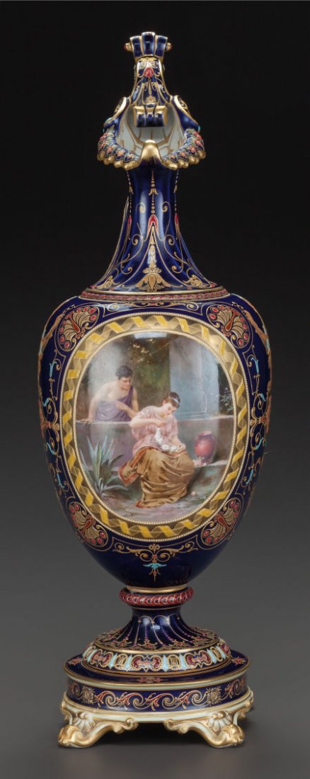 A GERMAN PAINTED PORCELAIN AND ENAMEL EWER, Köni: A GERMAN PAINTED PORCELAIN AND ENAMEL EWER, Königliche Porzellan-Manufaktur, Berlin, Germ