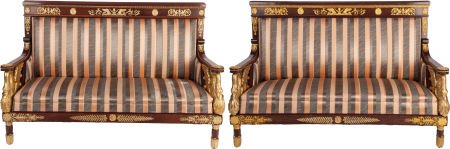 A PAIR OF EMPIRE-STYLE MAHOGANY AND GILT BRONZE: A PAIR OF EMPIRE-STYLE MAHOGANY AND GILT BRONZE MOUNTED SETTEES,46 x 69-1/2 x 29 inches (1