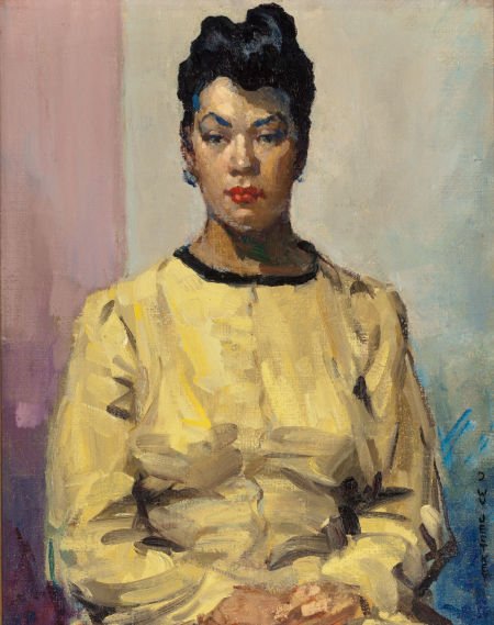 DAVID WU JECT-KEY (American, 1890-1968) Portrait: DAVID WU JECT-KEY (American, 1890-1968) Portrait of a Woman in Yellow Oil on