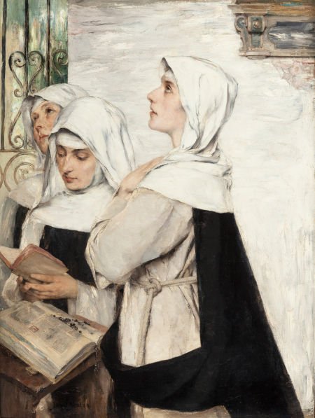 DAVID DALHOFF NEAL (American, 1838-1915) Three N: DAVID DALHOFF NEAL (American, 1838-1915) Three Nuns in Prayer, 1883 Oil on ca