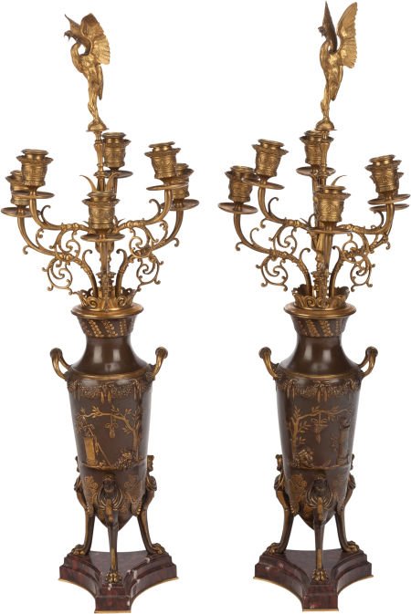 A PAIR OF FRENCH GILT AND PATINATED BRONZE SIX-L: A PAIR OF FRENCH GILT AND PATINATED BRONZE SIX-LIGHT CANDELABRUM, Ferdinand Levillain, Pa