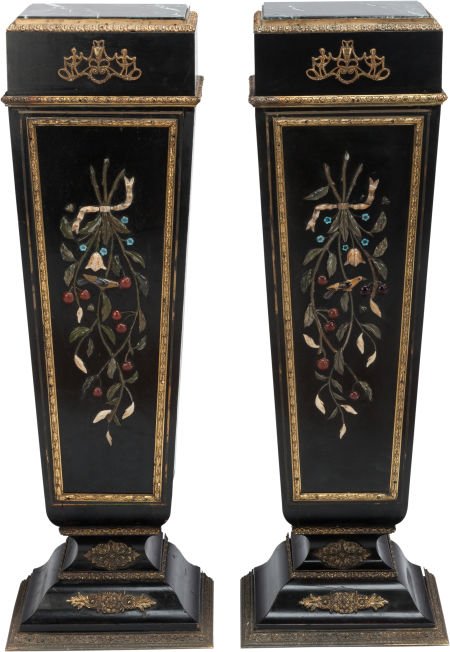 A PAIR OF NAPOLEON III-STYLE EBONIZED WOOD, GILT: A PAIR OF NAPOLEON III-STYLE EBONIZED WOOD, GILT BRONZE AND HARDSTONE PEDESTALS WITH MARBLE TOP, 
