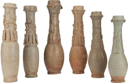 SIX CHINESE GLAZED EARTHENWARE FUNERARY URNS 18-: SIX CHINESE GLAZED EARTHENWARE FUNERARY URNS18-1/2 inches high (47.0 cm) (tallest) The