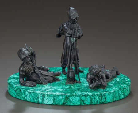 A RUSSIAN BRONZE FIGURAL GROUP PRESENTED ON A MA: A RUSSIAN BRONZE FIGURAL GROUP PRESENTED ON A MALACHITE BASE, Vassili Yacovlevich Grachev