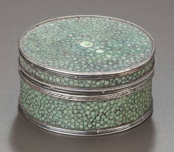 A SILVER MOUNTED SHAGREEN DRESSING TABLE BOX, At: A SILVER MOUNTED SHAGREEN DRESSING TABLE BOX, Attributed to John Paul Cooper,Â