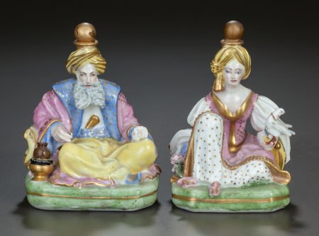 TWO FRENCH PAINTED PORCELAIN FIGURAL COLOGNE BOT: TWO FRENCH PAINTED PORCELAIN FIGURAL COLOGNE BOTTLES, Jacob Petit, Fontainebleau, France,