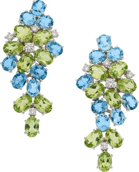 TOPAZ, PERIDOT, DIAMOND, WHITE GOLD EARRINGS, EL: TOPAZ, PERIDOT, DIAMOND, WHITE GOLD EARRINGS, ELI FREI The earrings feature oval-cut blue