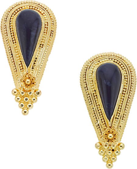 Lalaounis Sodalite, Gold Earrings: Lalaounis Sodalite, Gold Earrings 18k gold with sodalite.Dimensions: 1-7/16 inches