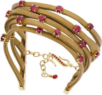 Mimi So Ruby, Gold, Leather Bracelet: Mimi So Ruby, Gold, Leather Bracelet 18k gold with approximately 8.40 carats total weight of rubies. Length: 7-1/2 inches 