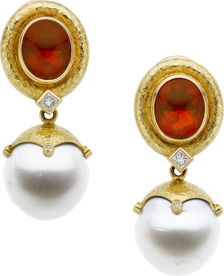 Stephen Webster Mexican Fire Opal, South Sea Cul: Stephen Webster Mexican Fire Opal, South Sea Cultured Pearl, Diamond, Gold Earrings 18k go