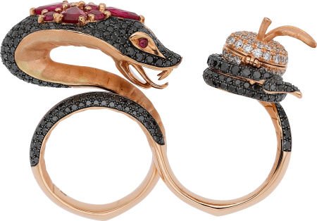 Stephen Webster Ruby, Diamond, Pink Gold Two-Fin: Stephen Webster Ruby, Diamond, Pink Gold Two-Finger Ring The Temptation of Eve 
