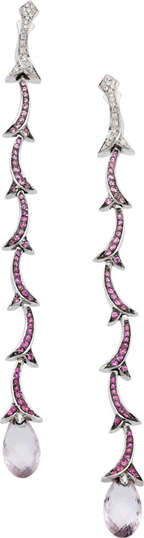 Stephen Webster Diamond, Sapphire, Rose Quartz,: Stephen Webster Diamond, Sapphire, Rose Quartz, White Gold Earrings 18k white gold with ap