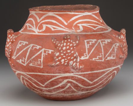 A ZUNI WHITE-ON-RED FROG EFFIGY JAR c. 1890: A ZUNI WHITE-ON-RED FROG EFFIGY JARc. 1890 clay, paintProvenance:From the Valent