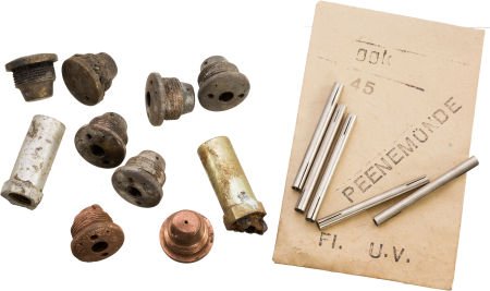 German V-2 Rockets: Injection Valves and Parts.: German V-2 Rockets: Injection Valves and Parts. A group of ten small metal parts, 1" to 1