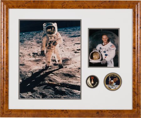 Buzz Aldrin Signed Large Apollo 11 "Visor" Photo: Buzz Aldrin Signed Large Apollo 11 "Visor" Photo and White Spacesuit Color Photos in a Framed Display