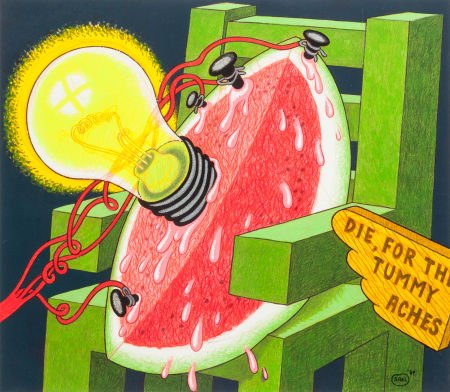 PETER SAUL (American, b. 1934) Die, for the Tumm: PETER SAUL (American, b. 1934)Die, for the Tummy Aches, 1984Gouache, crayon