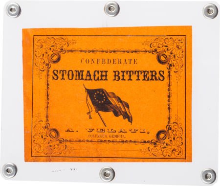 "Confederate Stomach Bitters" Bottle Label.: "Confederate Stomach Bitters" Bottle Label. Printed on orange paper measuring 4.75" x 3.7