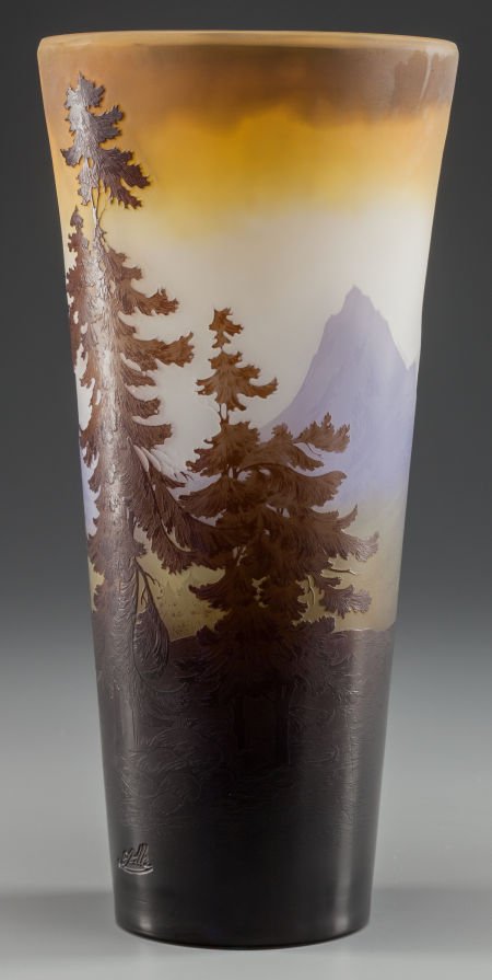 GALLE OVERLAY GLASS LANDSCAPE VASE, circa 1900 M (1 of 2)