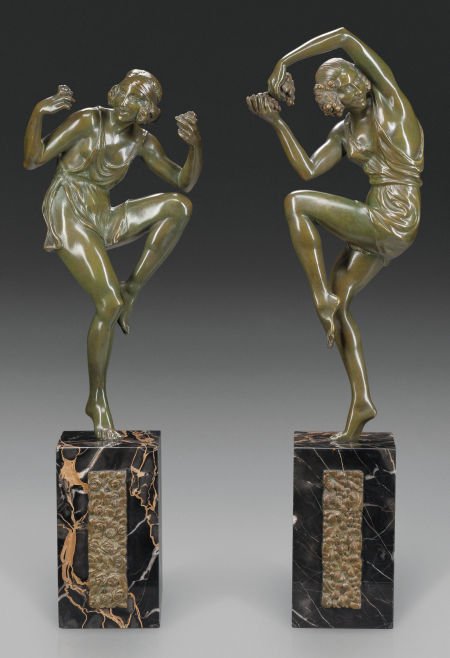 PIERRE LAUREL PAIR OF ART DECO BRONZE DANCERS ON: PIERRE LAUREL PAIR OF ART DECO BRONZE DANCERS ON MARBLE PEDESTAL BASES13-1/2 inches (34.3