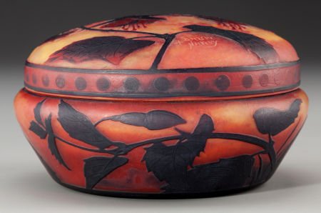 DAUM OVERLAY GLASS FLORAL COVERED BOX, Nancy, Fr (1 of 2)