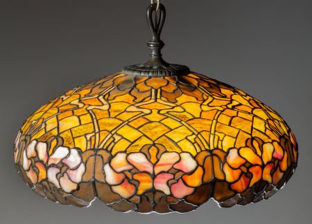 A DUFFNER & KIMBERLY HANGING LEADED GLASS LAMP, (1 of 2)