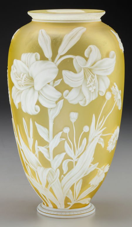 THOMAS WEBB OVERLAY GLASS FLORAL VASE, circa 188: THOMAS WEBB OVERLAY GLASS FLORAL VASE, circa 18809-1/8 inches high (23.2 cm)