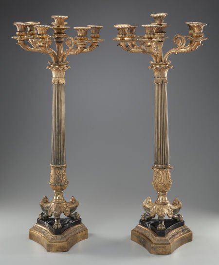 A PAIR OF EMPIRE-STYLE BRONZE, GILT BRONZE AND M (1 of 2)