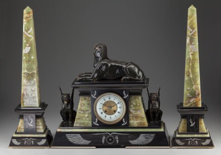 A THREE PIECE EGYPTIAN REVIVAL BRONZE, ONYX AND (1 of 2)